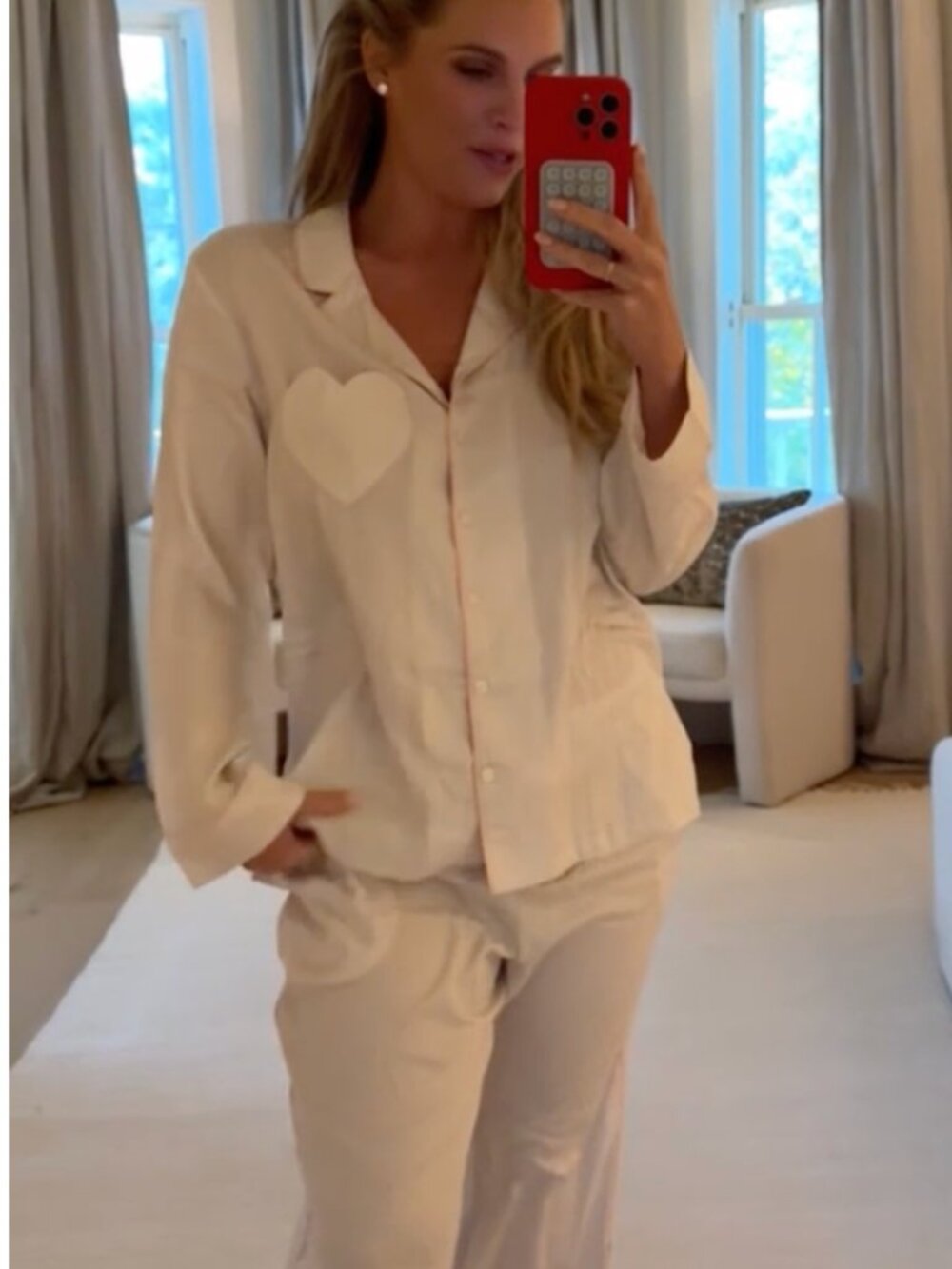 Victoria's Long Satin Luxe Pajama Set in Coconut w/ Heart Chest Pocket, M (Reg)